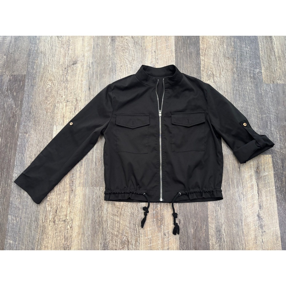 Shein Black Utility Jacket Womens Small Full Zip Roll Tab Sleeve Mock Neck Crop